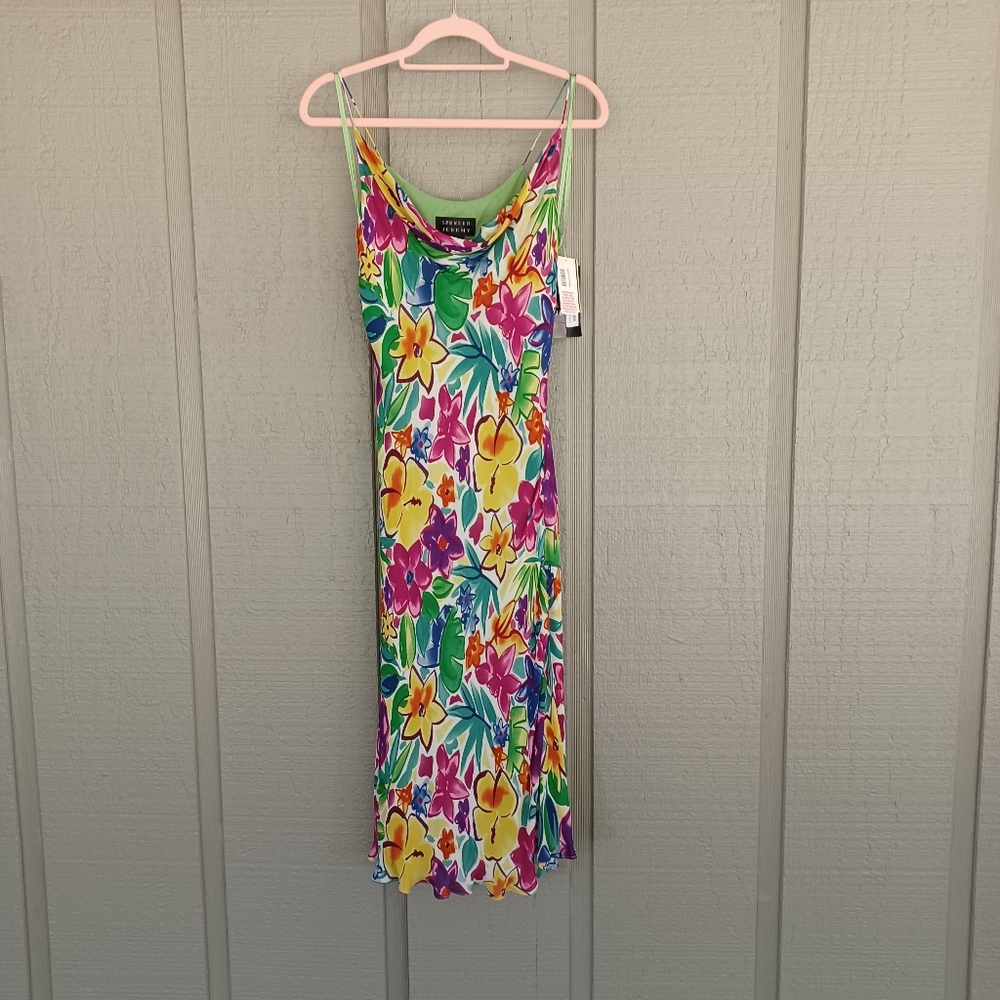 Spenser Jeremy Silk Cowl Neck Slip Dress Size 6 Y2K Tropical Water Color Floral